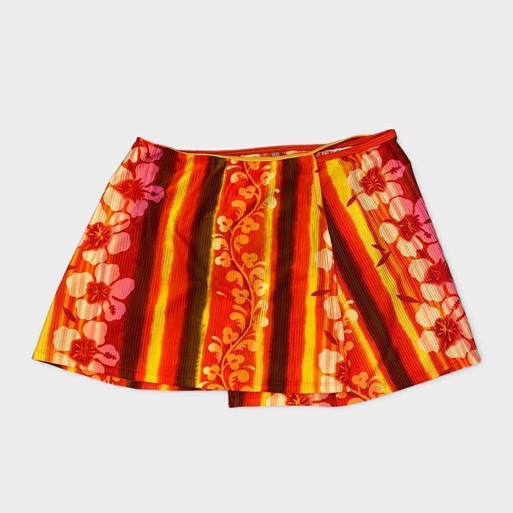 Y2K Hawaiian Hibiscus Floral Neon Orange Wrap Around Coverup Mini Skirt